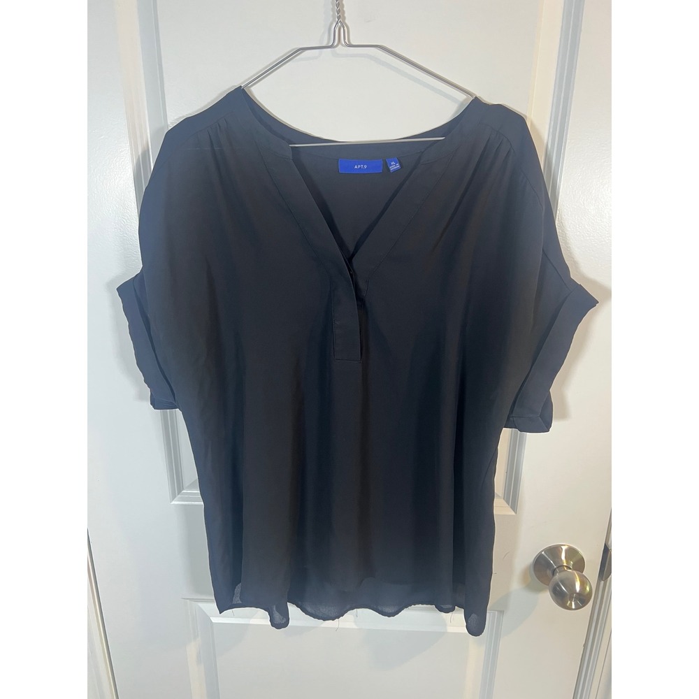 Apt. 9 Womens Blouse V-Neck Cuffed Short Sleeve Black‎ XL
